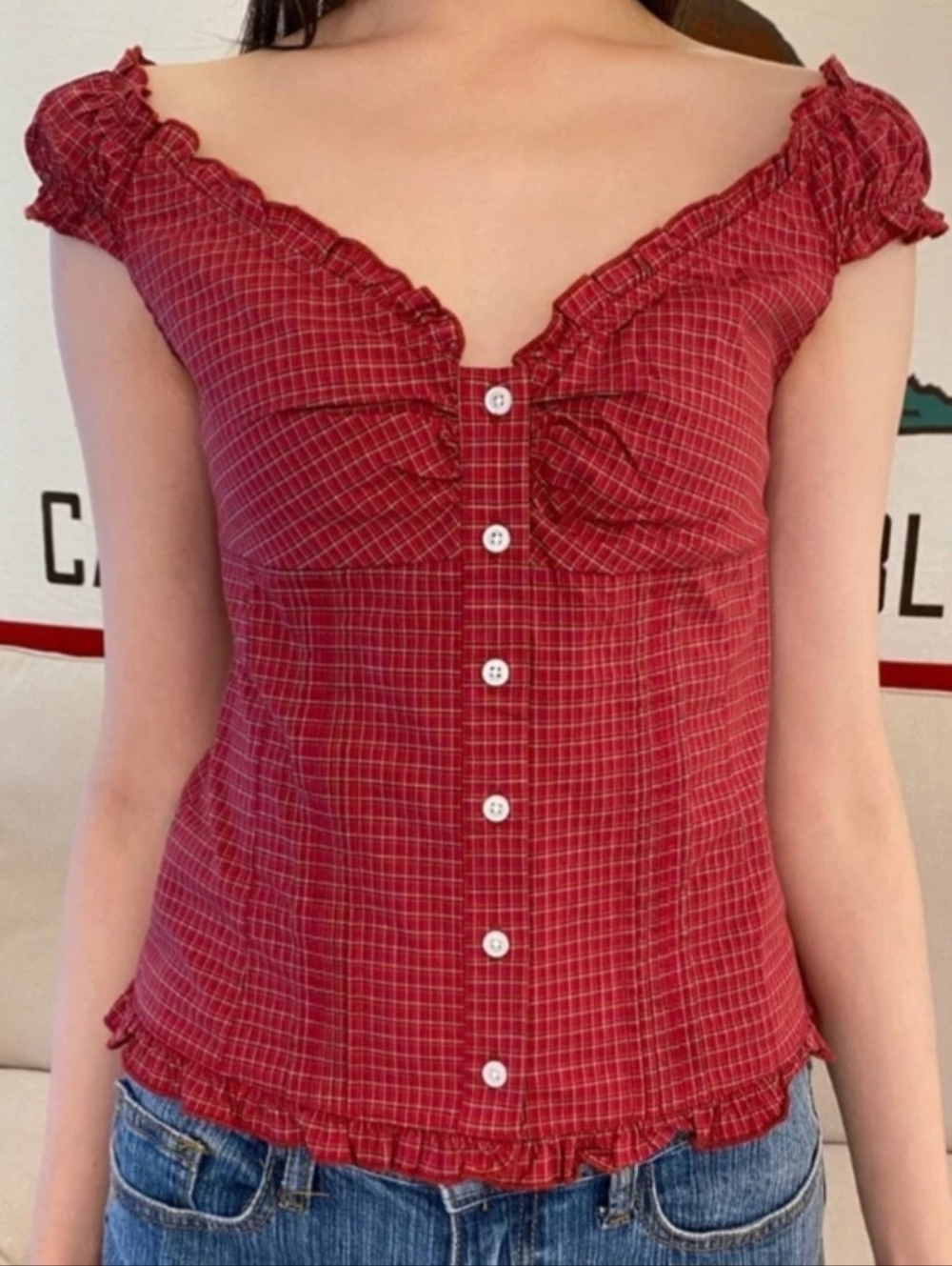 Elena Plaid Top Red And White Gingham